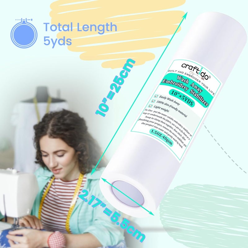 craftido Wash Away/Water Soluble Embroidery Stabilizer Backing&Topping 10" x 5 Yd/roll for Most Hoops 1.5oz Light Weight for Machine Embroidery and Hand Sewing - Image 2